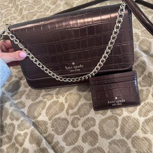 Kate Spade Dark Brown Croc-Embossed Crossbody Bag and wallet